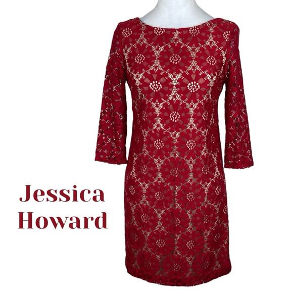 Jessica Howard Sheer Red Lace Party Event Holiday Shift Dress NWOT Size 4P - Picture 2 of 14